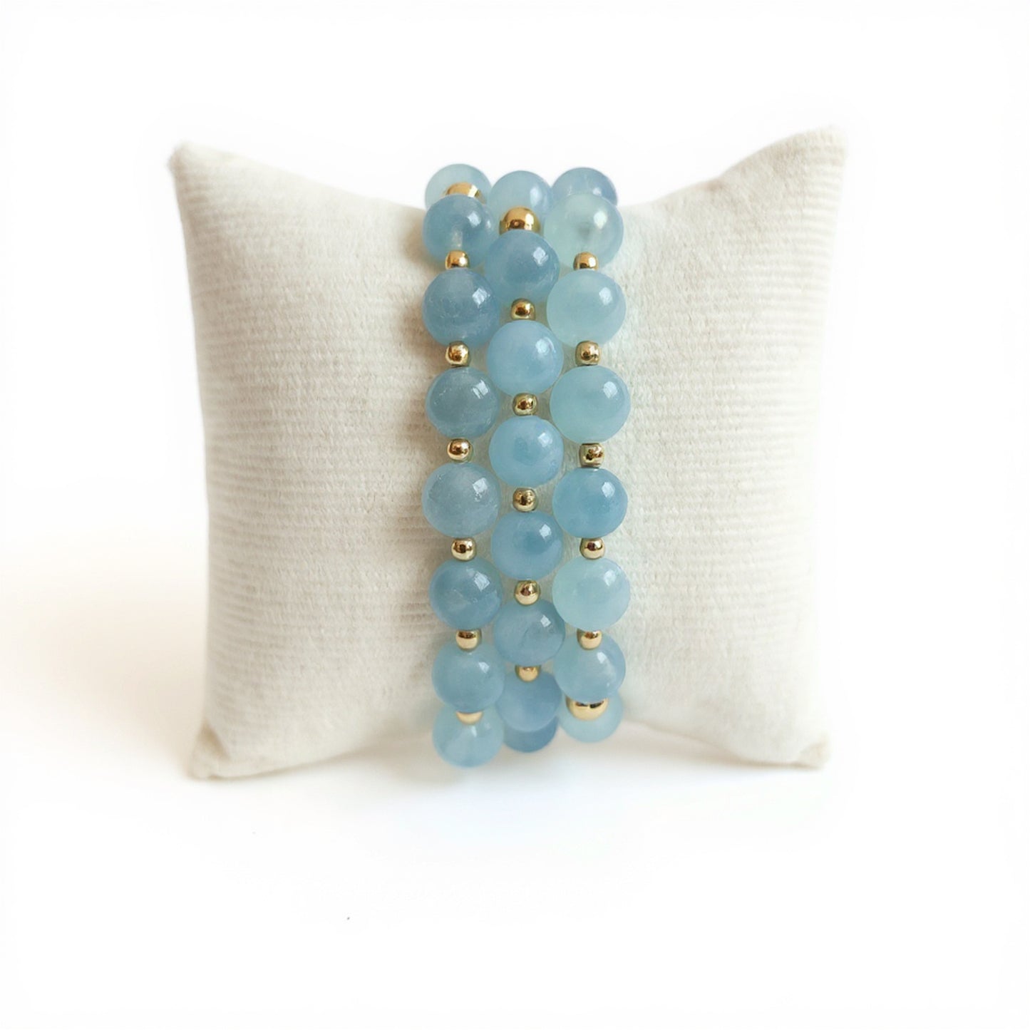 Aquamarine beaded bracelet stack with gold- set of 3. Perfect for holiday gifting. Pre-designed bracelet stack- gift yourself or someone you love.  