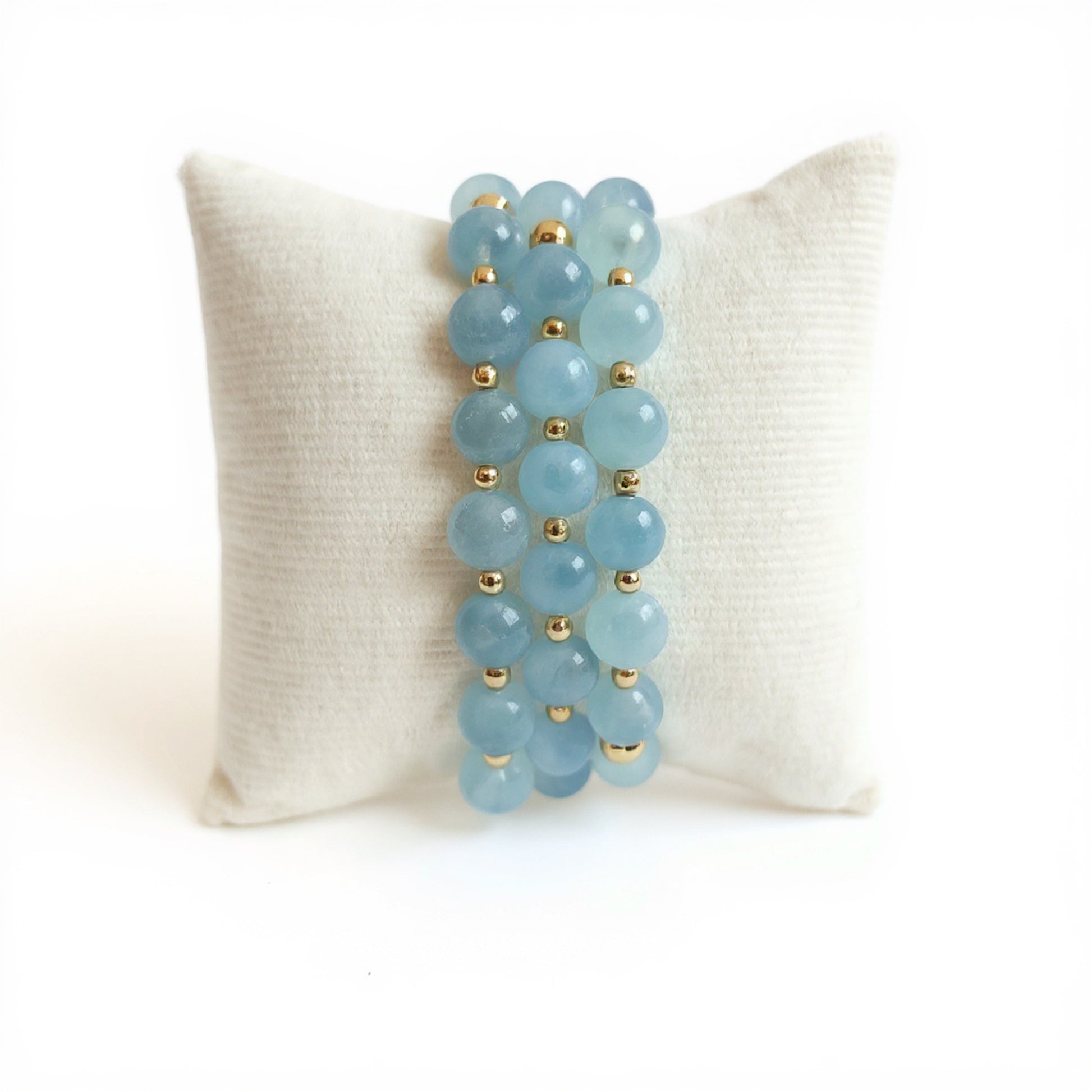 Aquamarine beaded bracelet stack with gold- set of 3. Perfect for holiday gifting. Pre-designed bracelet stack- gift yourself or someone you love.  