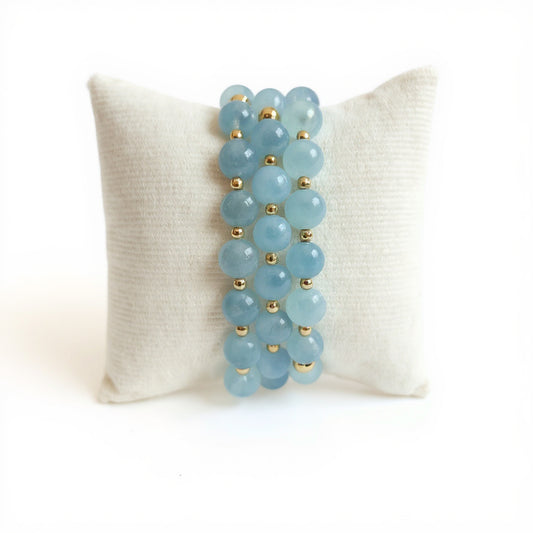 Aquamarine beaded bracelet stack with gold- set of 3-Hope and Raye 