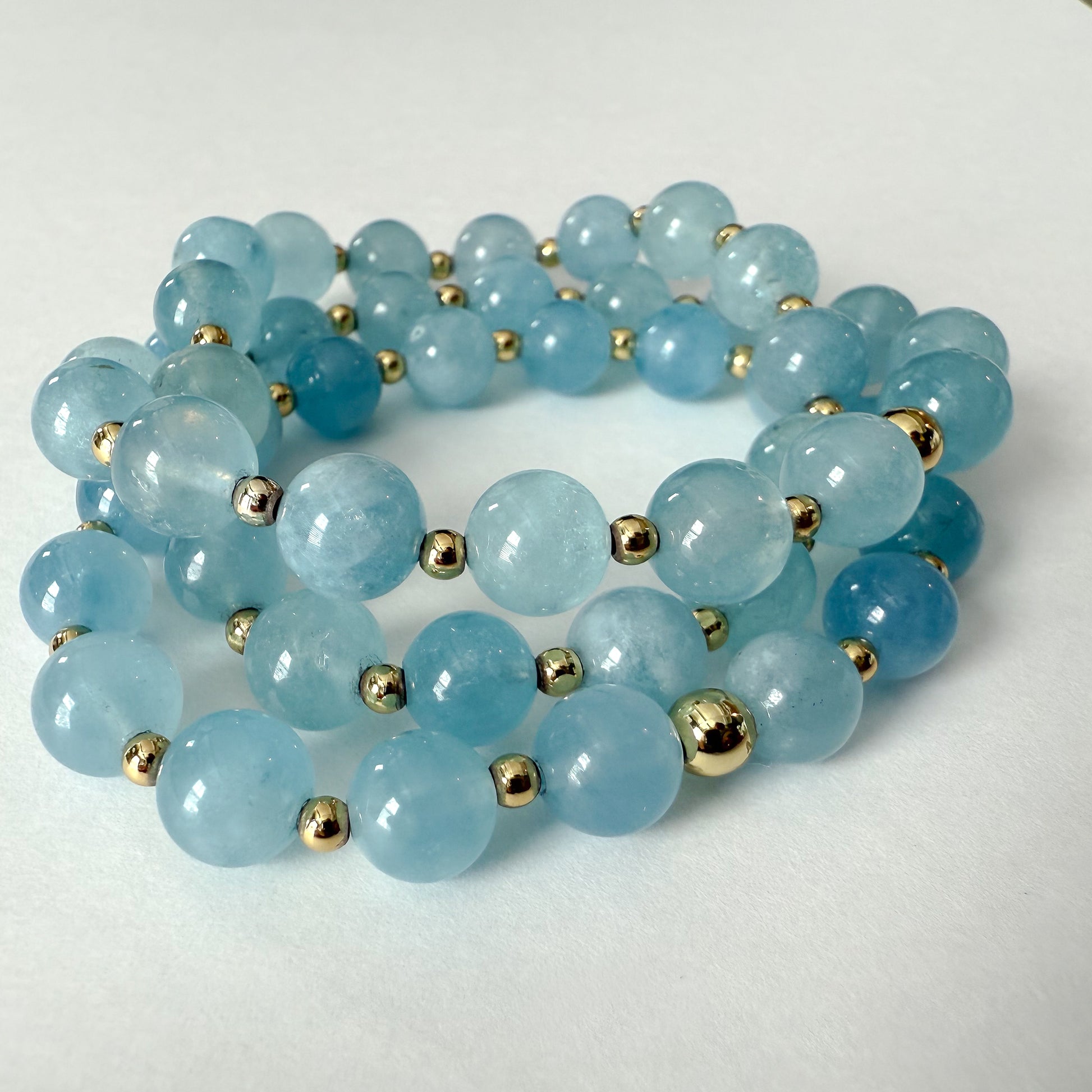 Natural aquamarine beaded stretch bracelet stack set of 3 handmade gemstone bracelets gold filled accents holiday Christmas jewelry gift Hope and Raye
