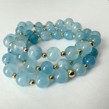 Natural aquamarine beaded stretch bracelet stack set of 3 handmade gemstone bracelets gold filled accents holiday Christmas jewelry gift Hope and Raye