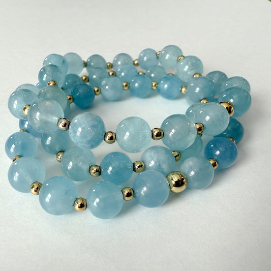 Natural aquamarine beaded stretch bracelet stack set of 3 handmade gemstone bracelets gold filled accents holiday Christmas jewelry gift Hope and Raye