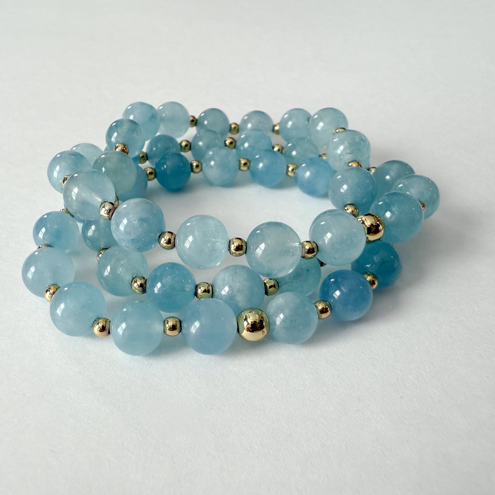 Handcrafted natural aquamarine bracelet set of 3- 18k gold-filled discs- stretch material. Perfect holiday bracelet gift for her. Made in Atlanta by HOPE & RAYE.