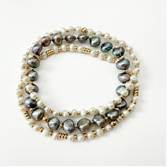 Baroque peacock and white freshwater pearl bracelet stack- set of 3. Handcrafted by HOPE & RAYE. 