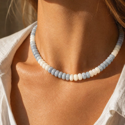 Blue and white beaded opal necklace.