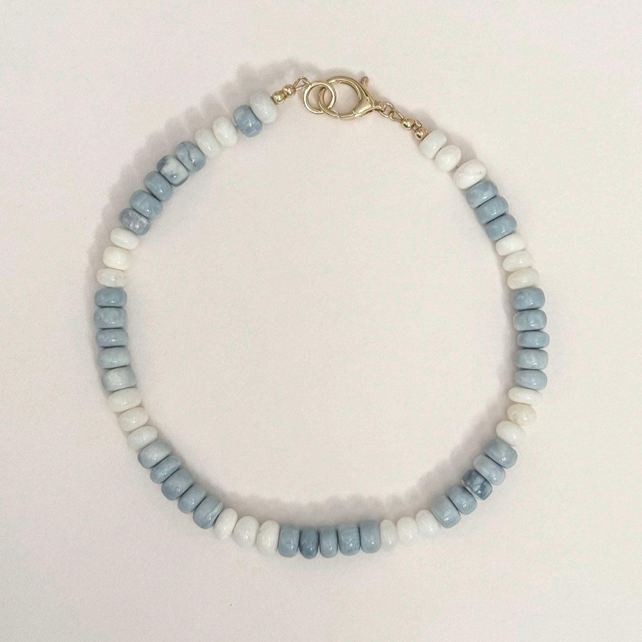 Blue and white Peruvian Opal beaded 16 inches necklace with gold-filled spring clasp by Hope and Raye