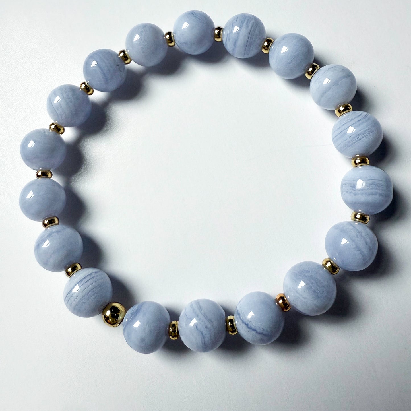 6mm blue lace agate beaded stretch bracelet with gold-filled beads by Hope and Raye
