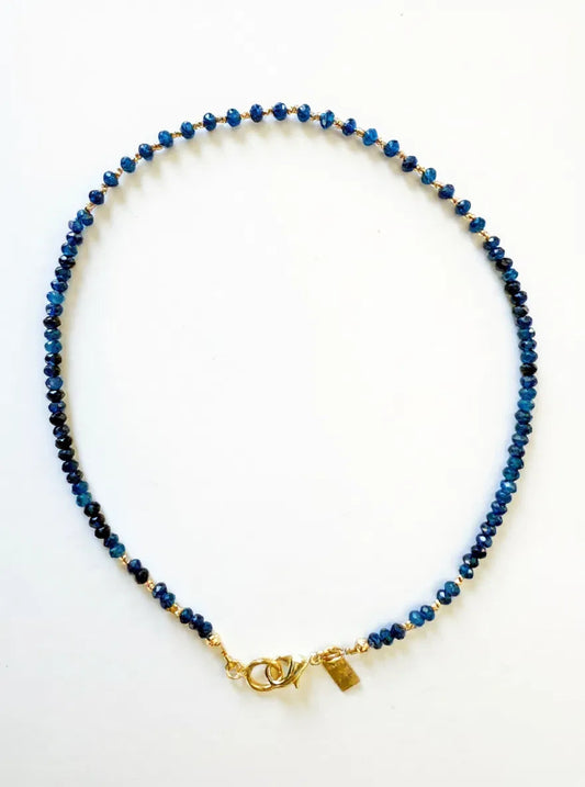 Tiny beaded blue gemstone dainty necklace with gold beads