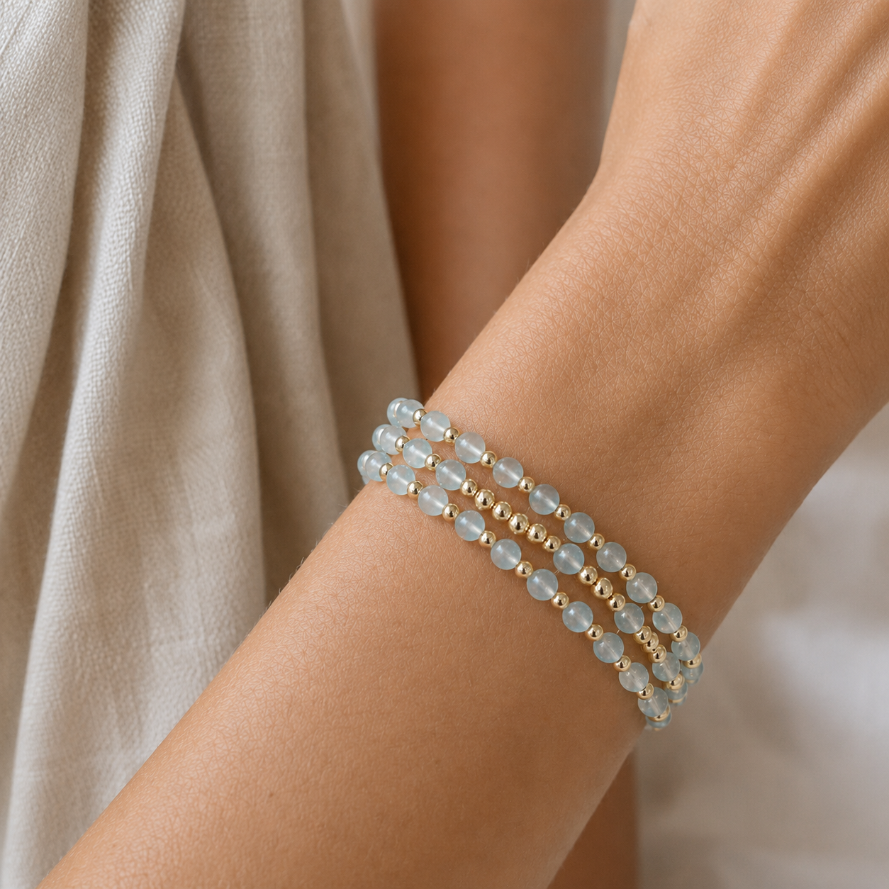 Dainty Aquamarine & Gold Bracelet Stack | Set of 3 | Daily Stack