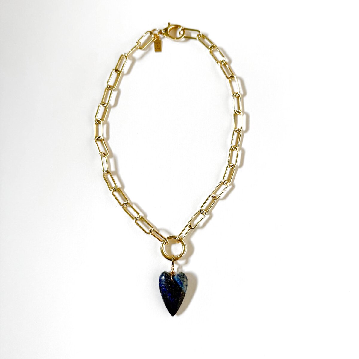 Blue lapis heart charm on gold chain charm holder necklace- hope and raye