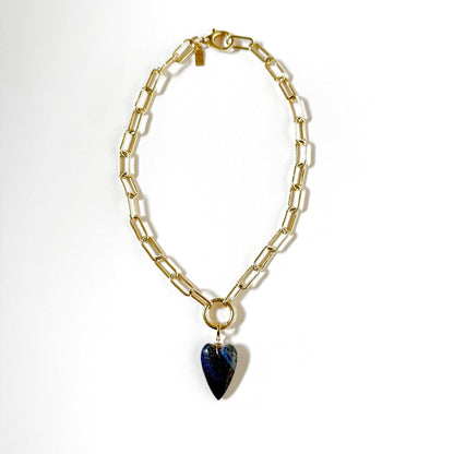 Blue lapis heart charm on gold chain charm holder necklace- hope and raye