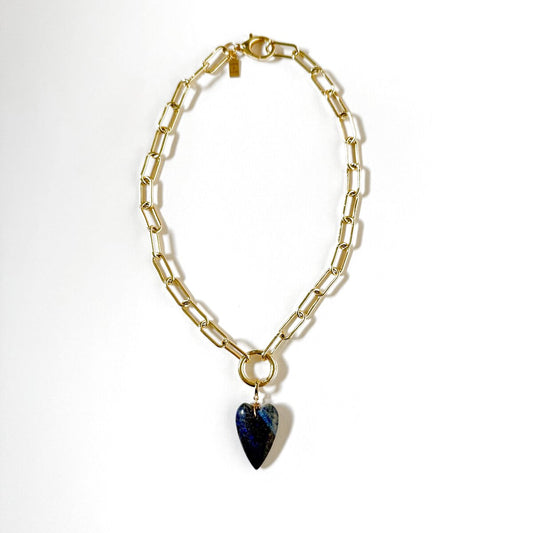 Blue lapis heart charm on gold chain charm holder necklace- hope and raye
