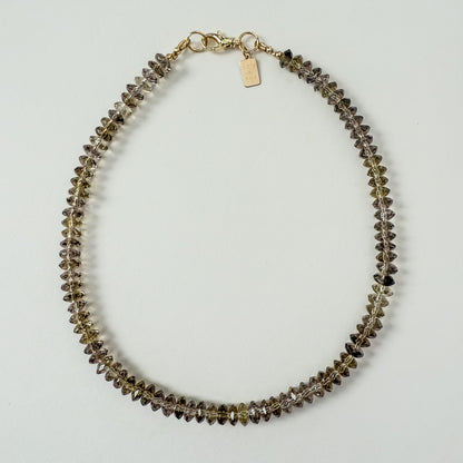 Smoky quartz beaded necklace with gold filled spring clasp by Hope and Raye. 
