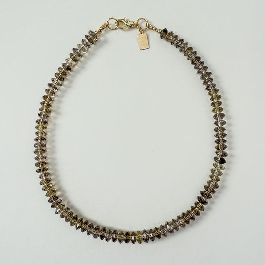 Smoky quartz beaded necklace with gold filled spring clasp by Hope and Raye. 