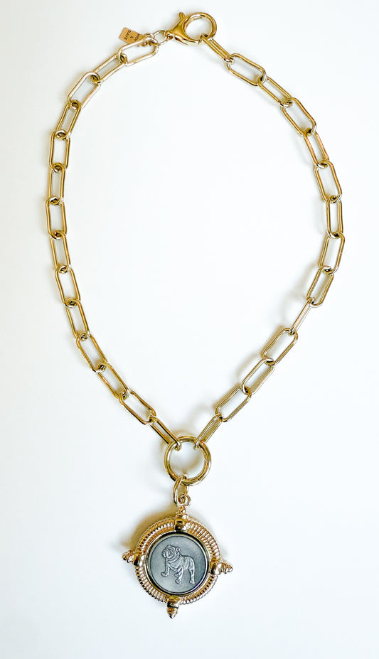 Bulldog pendant charm necklace handcrafted in Atlanta Georgia by Hope and Raye. Ship’s gift ready perfect for holiday gifting. Necklace for bulldog sports fans.￼