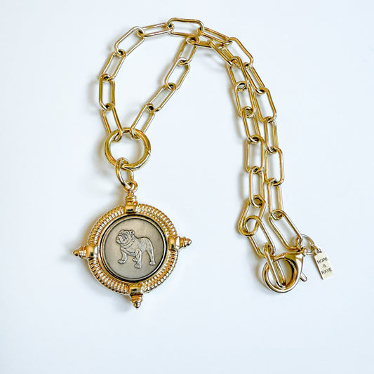 Game day necklace bulldog pendant on gold chain 16.inches. Bulldog necklace perfect for holiday gifting and other gifting occasions.