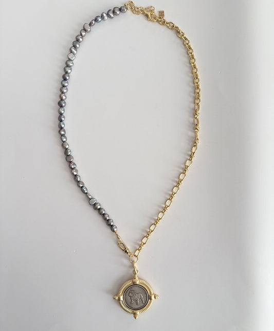 Handcrafted half and half necklace made with freshwater pearls and dainty gold paper clip chain – adjustable length– gold bulldog pendant at center – designed by Hope and Raye in Atlanta Georgia. Ships gift ready.