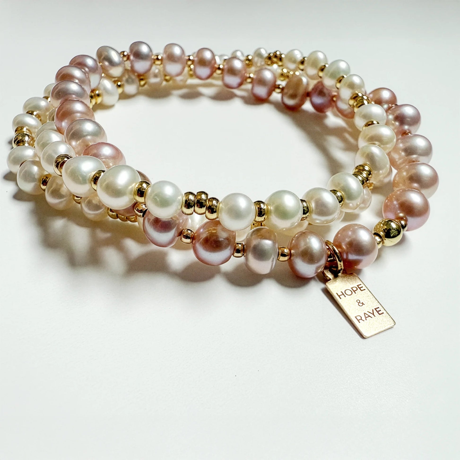Champagne and white pearl bracelet stack with gold beads by Hope and Raye