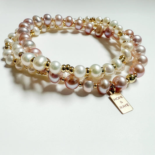 Champagne and white pearl bracelet stack with gold beads by Hope and Raye