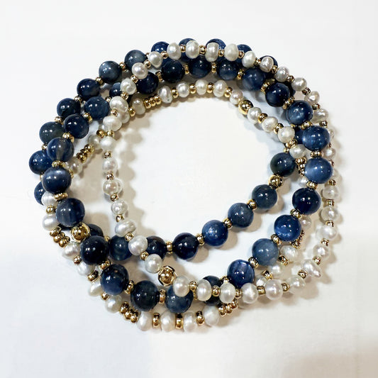 Kyanite gemstone bracelet stack with freshwater pearls by Hope and Raye. Stack of 4 bracelets.