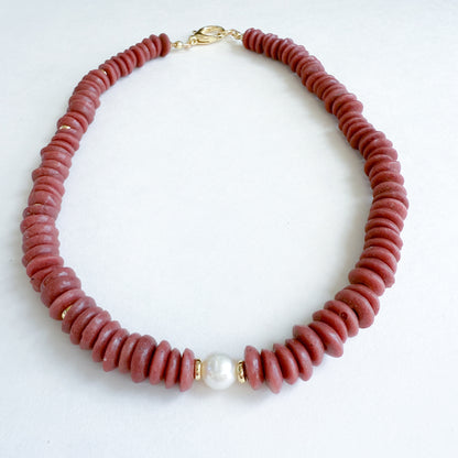 Maroon disc chunky necklace with pearl and 18k gold-filled clasp. Gameday necklace for Alabama fans or FSU fans. Texas A&M Gameday necklace  