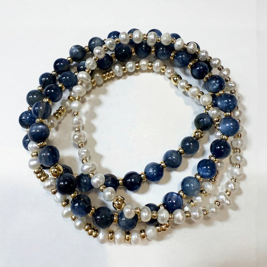 blue round natural gemstone and baroque pearl bracelet stack