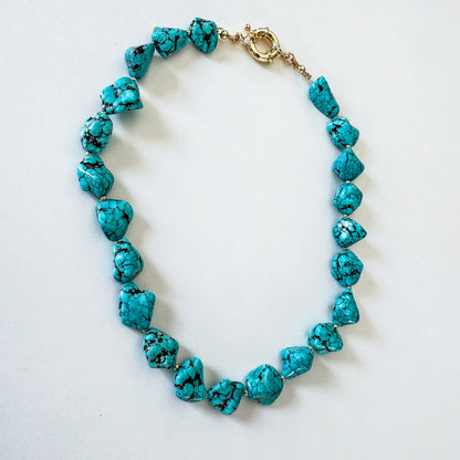 Chunky natural turquoise nugget beaded necklace with gold filled accents by Hope and Raye.