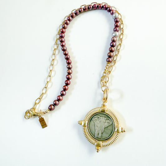 Maroon pearl and gold chain half-and-half necklace with elephant pendant. Perfect for gameday and a great holiday gift for Alabama fans. Handcrafted in Atlanta- made-to-order with attention to detail by HOPE & RAYE. Ships gift-ready 