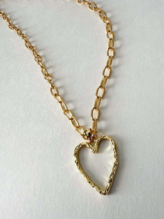 Hammered heart charm gold necklace with paperclip chain by Hope and Raye.