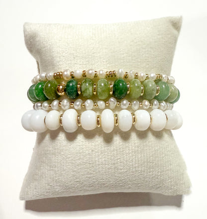 Green beaded stretch bracelet stack with quartz, opal, jade, freshwater pearls and gold.￼