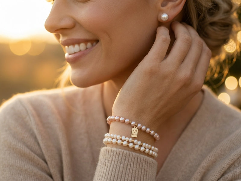 Curated pearl bracelet stack by HOPE & RAYE worn on wrist, layered freshwater pearl and pink gemstone bracelets with gold charm, handcrafted stackable bracelet set Atlanta GA, shop bracelet stacks for women