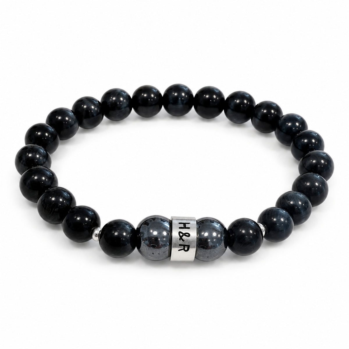 Men’s Falcon’s Eye and hematite stretch bracelet with sterling silver