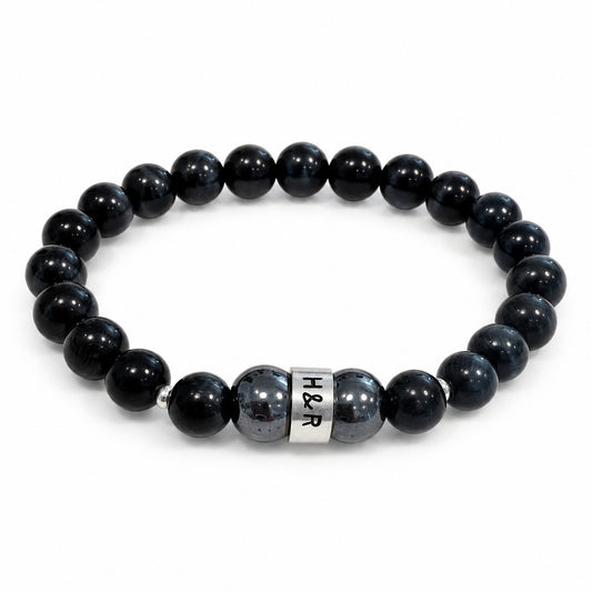 Men’s Falcon’s Eye and hematite stretch bracelet with sterling silver