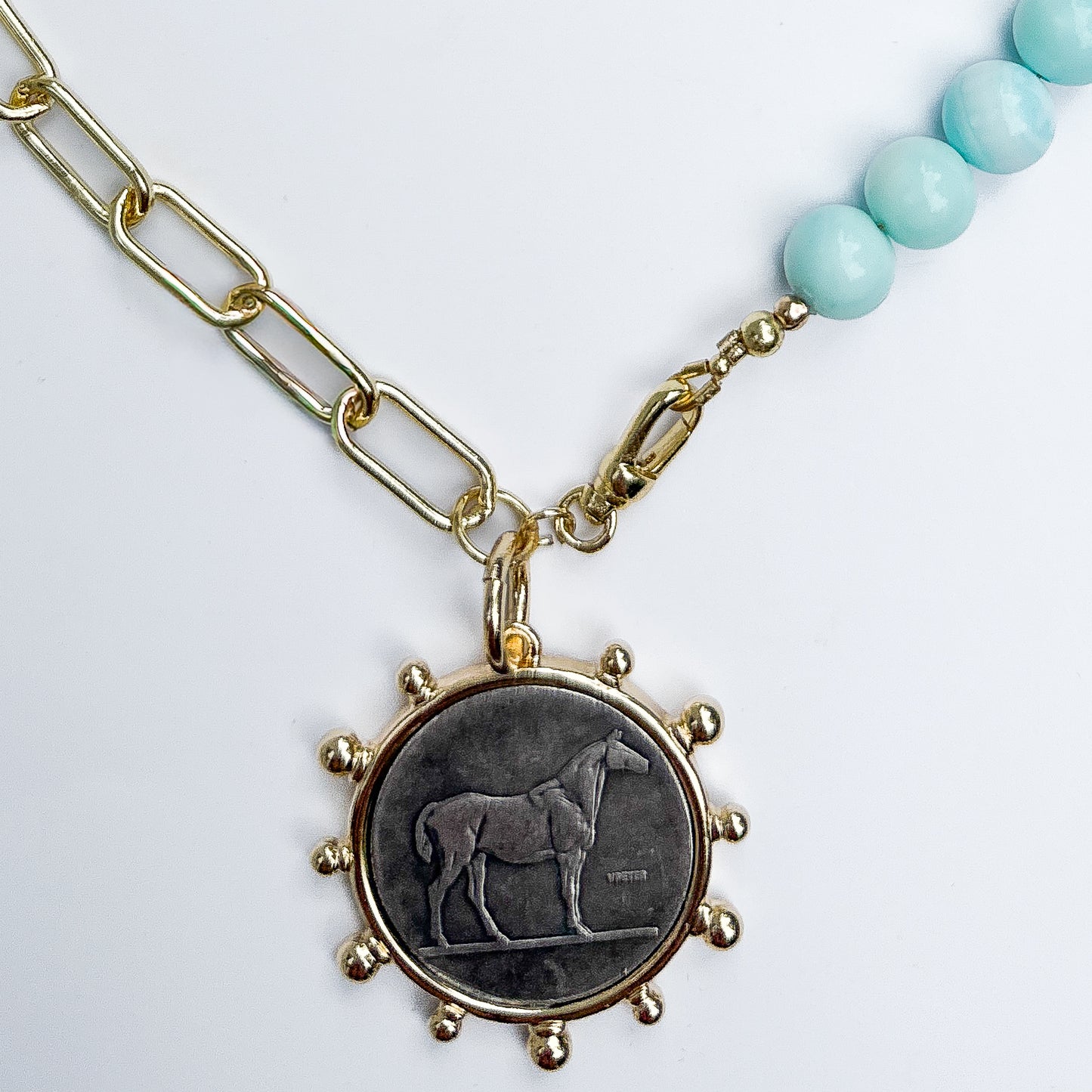 Horse pendant strung on gold chain and Peruvian blue opal necklace handcrafted in atlanta by HOPE & RAYE. Perfect holiday jewelry gift for her. ships gift ready