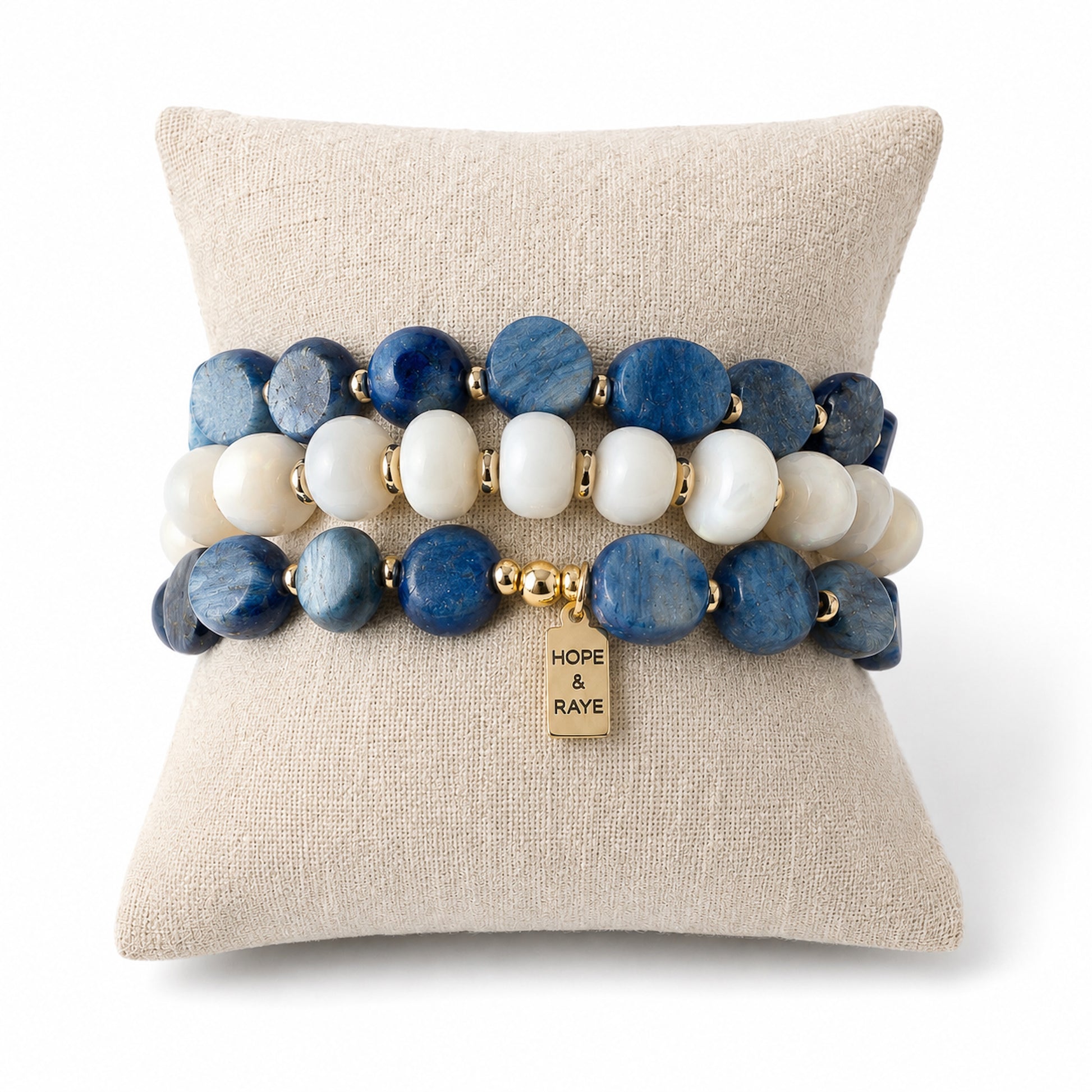 Lapis and white opal gemstone bracelets with gold 