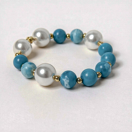 Larimar big pearl statement bracelet with gold 