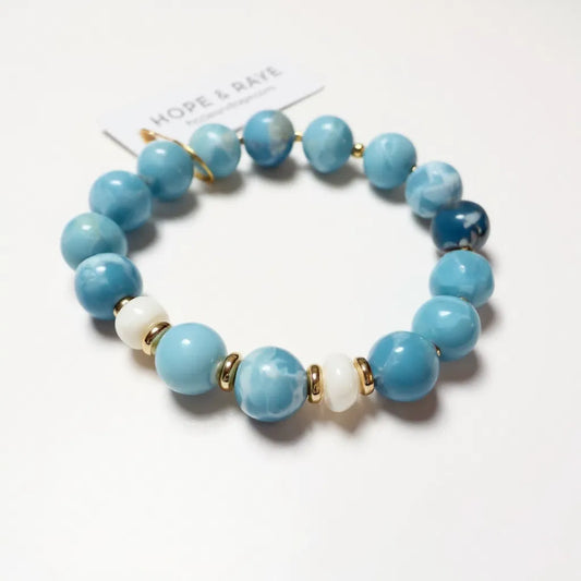 Natural blue larimar with white natural opal and gold-filled beaded stretch bracelet for everyday.