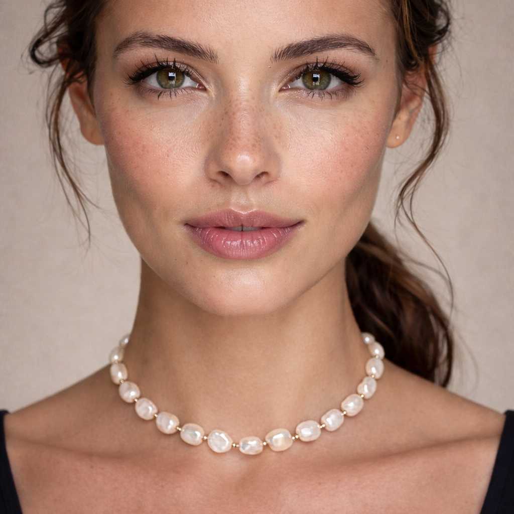 white baroque pearl choker necklace with gold beads handmade and shipped from Atlanta, Ga to anywhere in the USA. A pearl necklace meant for layering and daily wear with your other favorite necklaces. 