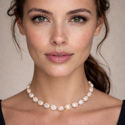 white baroque pearl choker necklace with gold beads handmade and shipped from Atlanta, Ga to anywhere in the USA. A pearl necklace meant for layering and daily wear with your other favorite necklaces. 