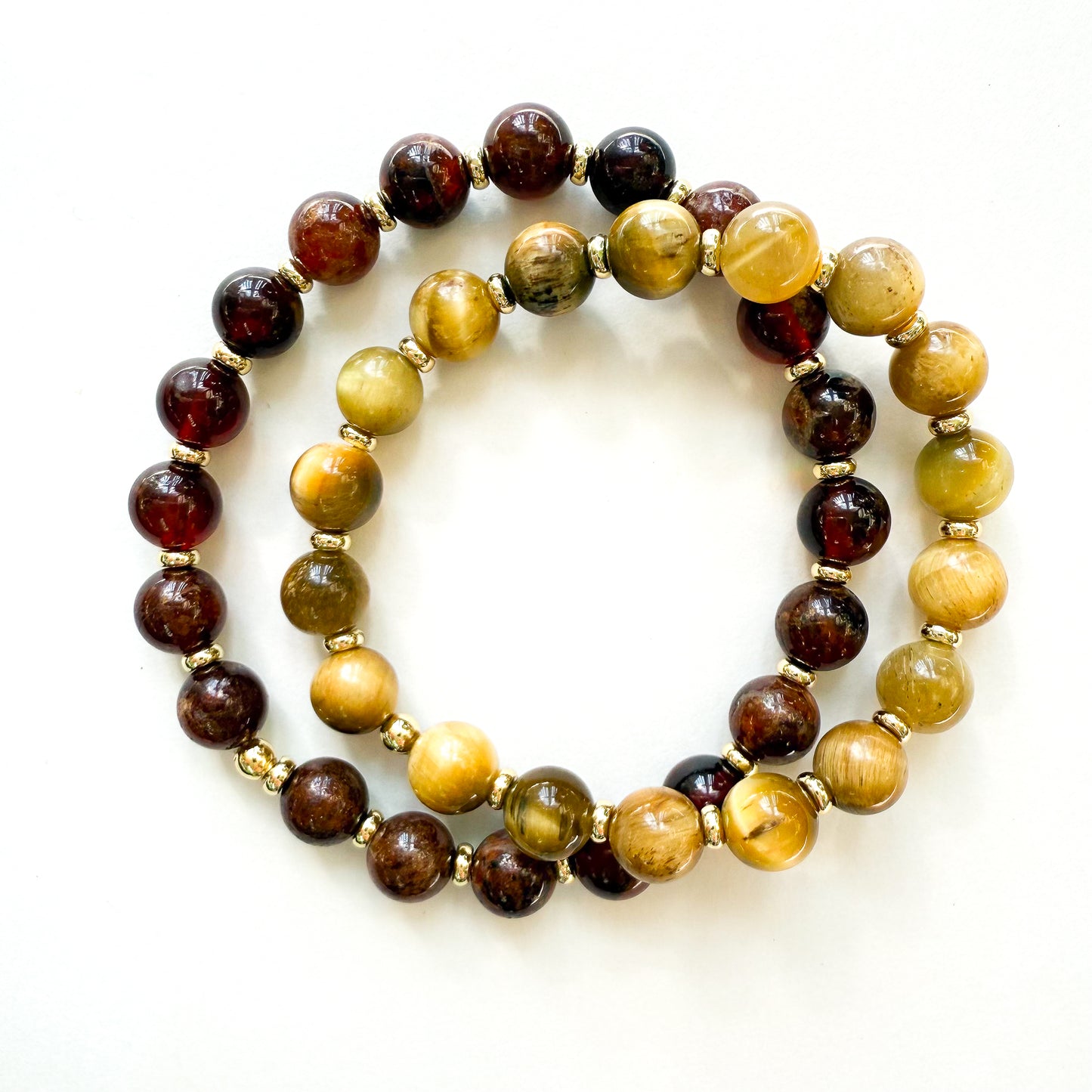 Natural Garnet and Gold stretch bracelet set. Noles fan holiday bracelet gift. Handcrafted in Atlanta, GA. Woman owned and mom owned business.