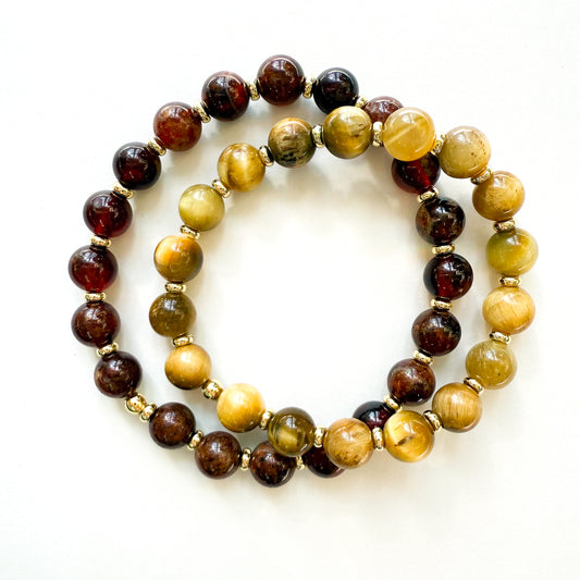 Natural Garnet and Gold stretch bracelet set. Noles fan holiday bracelet gift. Handcrafted in Atlanta, GA. Woman owned and mom owned business.