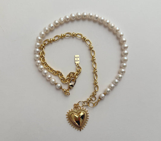 Gold-filled metal and pearl necklaces with gold-filled heart pendant by hope and raye