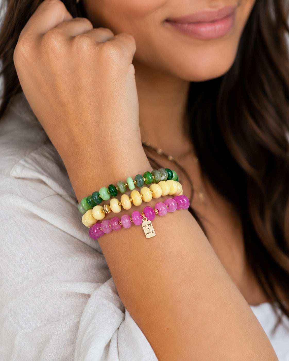 HOPE & RAYE opal, jade & quartz gold beaded bracelet stack styled on wrist