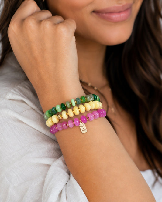 HOPE & RAYE opal, jade & quartz gold beaded bracelet stack styled on wrist