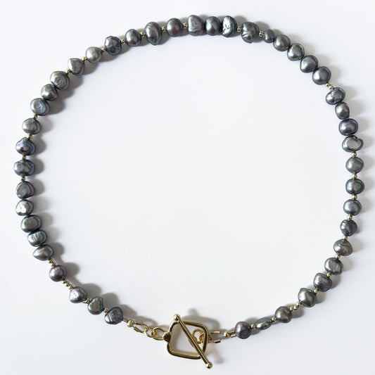 gray peacock freshwater pearl necklace, 5–6mm pearls, 18k gold-filled toggle, 15.5 inch, perfect Christmas jewelry gift for her. 