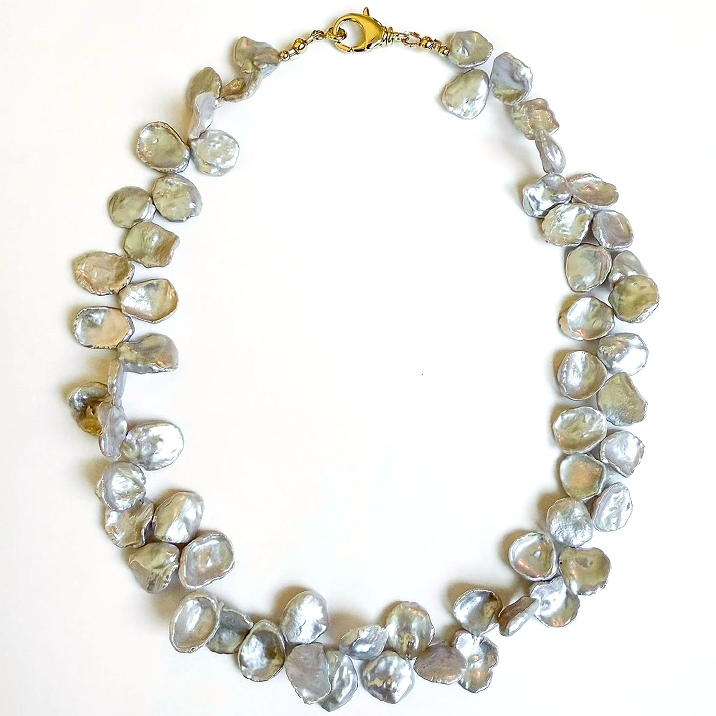 Gray keshi petal pearl statement necklace with gold clasp, handcrafted by HOPE & RAYE