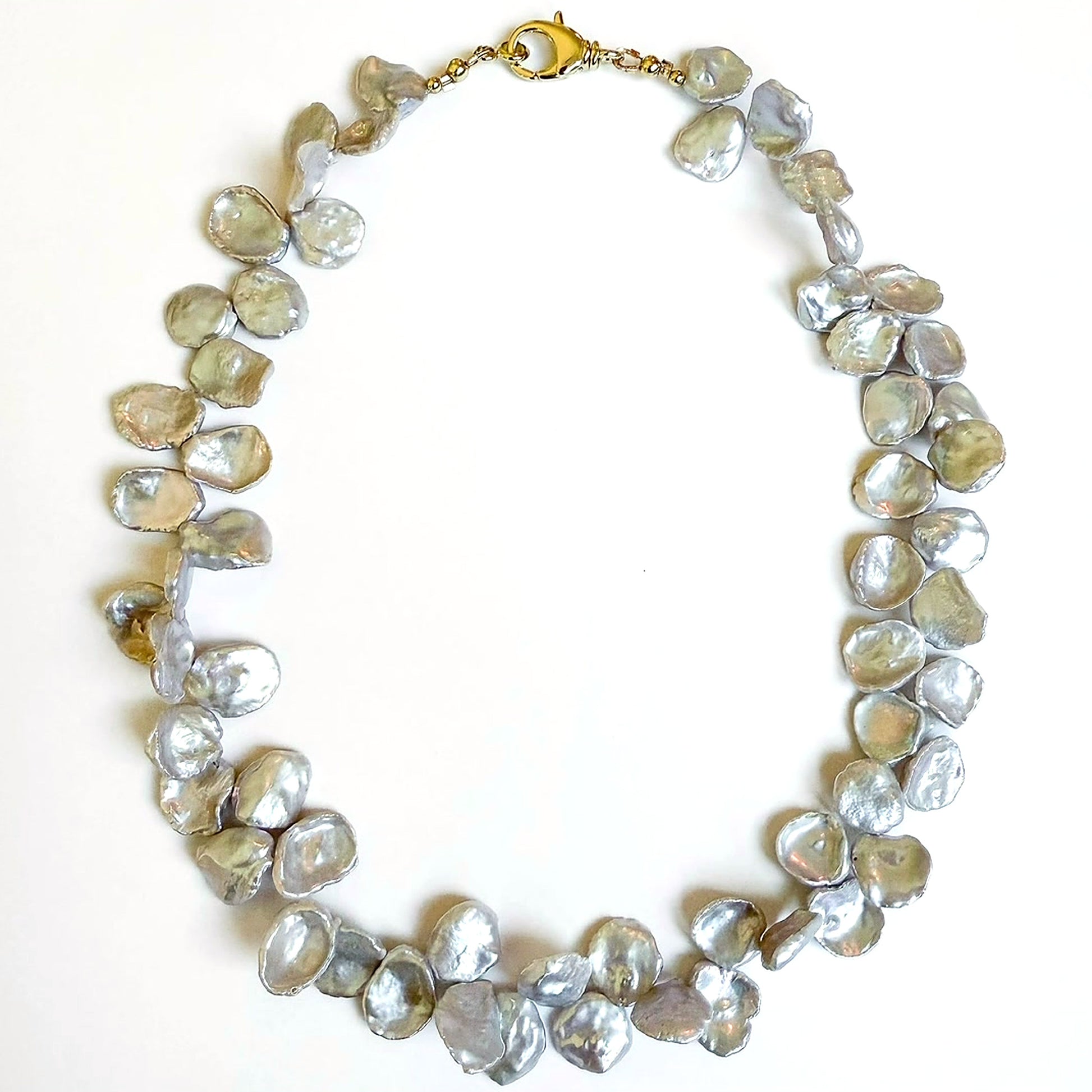 Gray keshi petal pearl statement necklace with gold clasp, handcrafted by HOPE & RAYE
