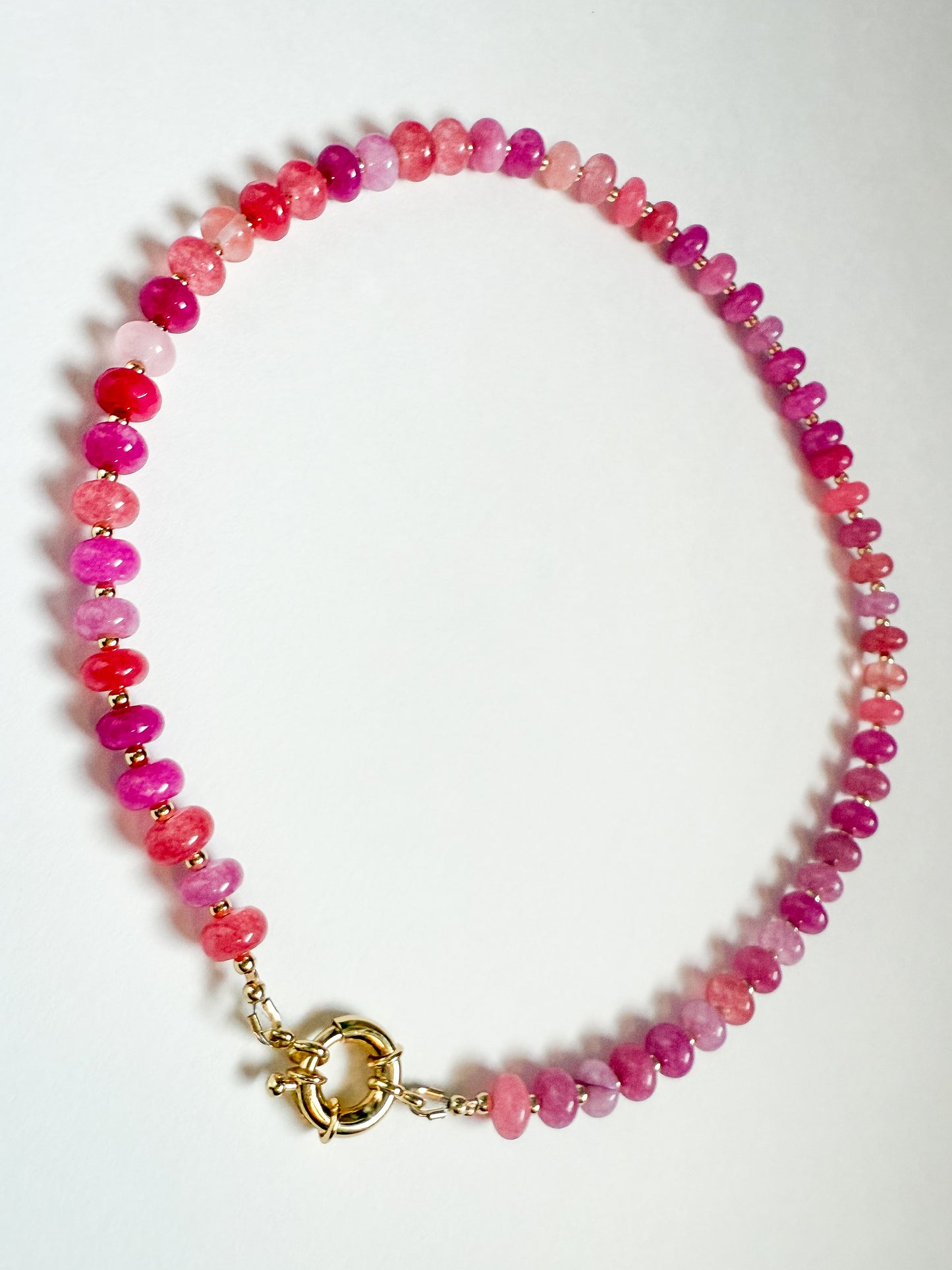Pink jade and rose quartz necklace with gold-filled beads and clasp — handcrafted Pink Harmony Necklace by Hope & Raye, 16.5-inch feminine gemstone jewelry. Perfect holiday necklace gift for her. 