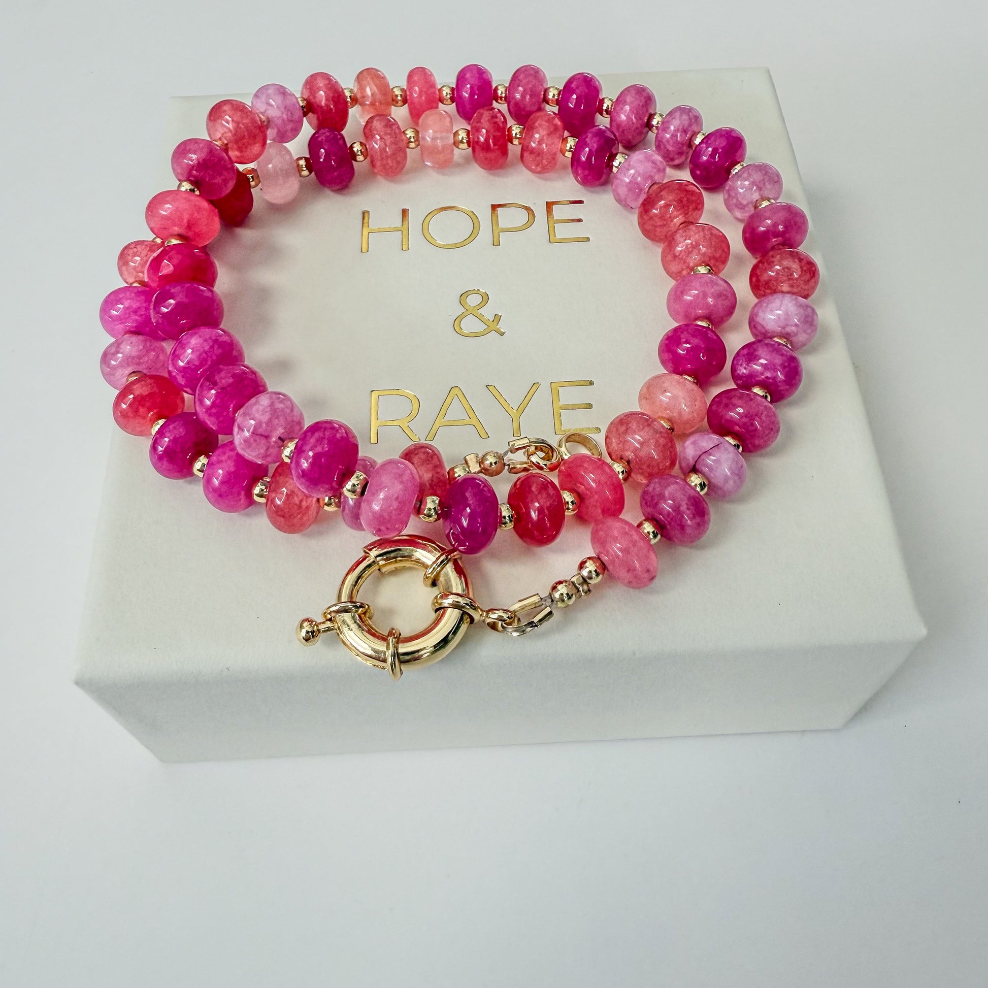 Pink rose quartz and pink jade necklace with gold-filled clasp — handcrafted Pink Harmony Necklace. Ship gift-ready for the holidays- perfect gemstone necklace for her. 