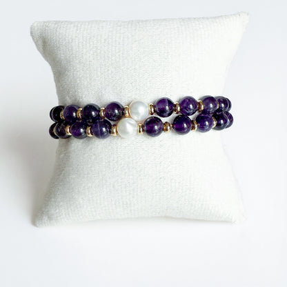 Natural amethyst beaded bracelet set of two with white freshwater pearl and gold discs